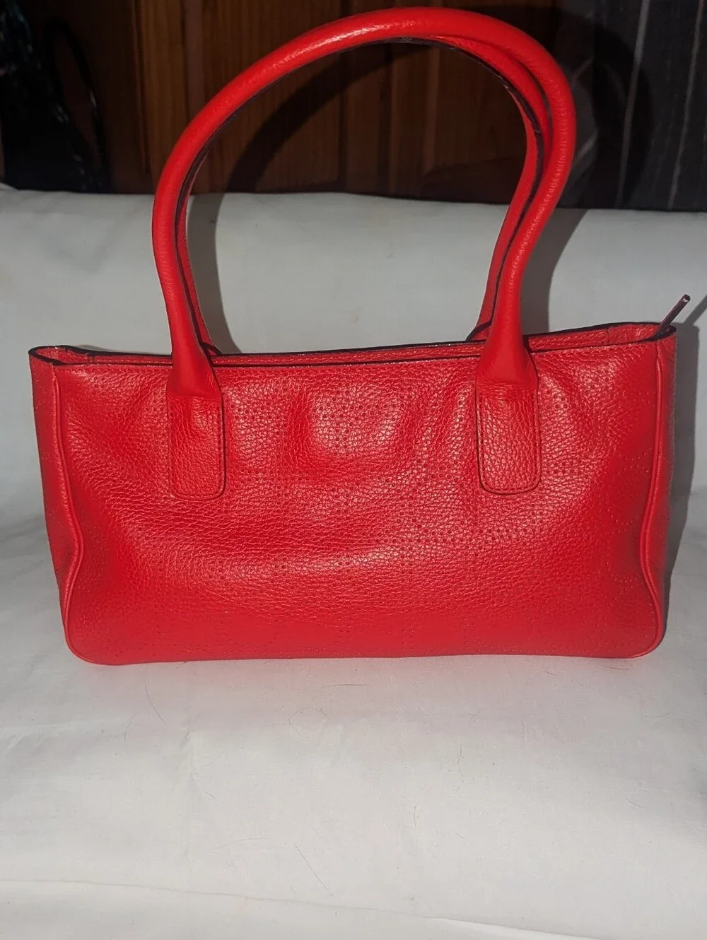 Kate Spade New York  Noel Rue Red Pebbled Perforated Leather Tote Bag.